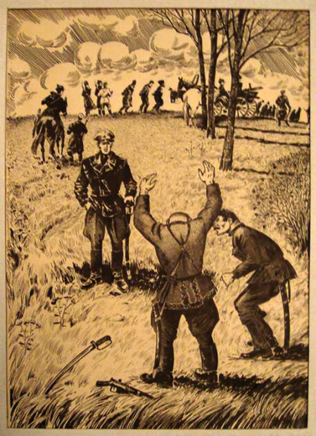 "Ліквідація банди Коцура". Автор — Микола Добролежа, 1980-ті рр., туш, картон. Олександрівський районний краєзнавчий музей